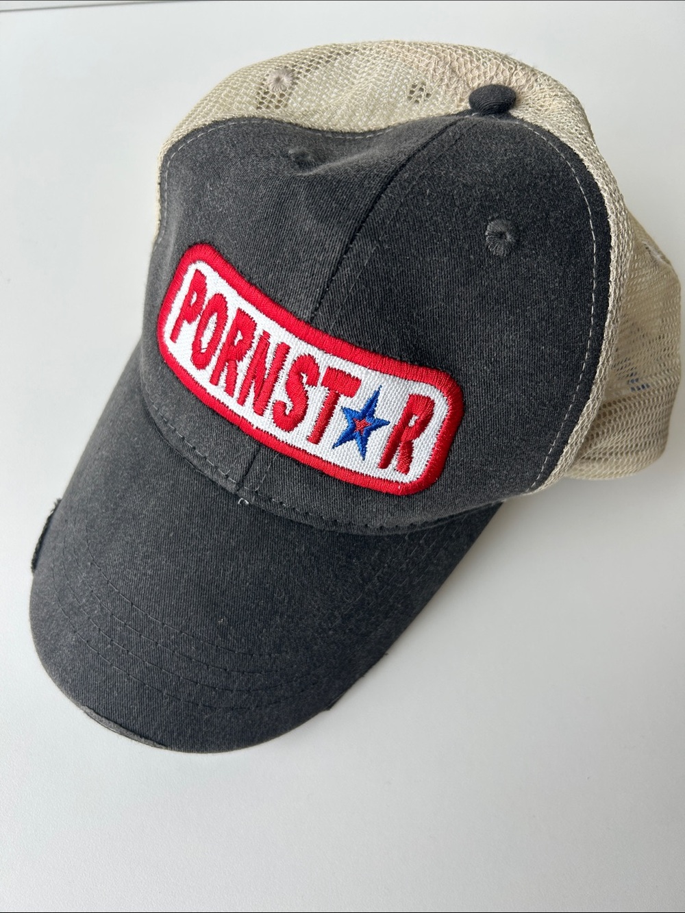 Adams Trucker Hat Beige Mesh Distressed Black Brim Blue Star Patch Snapback